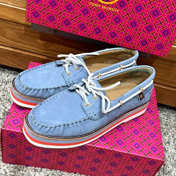 Tory Burch Joey Platform Boat Shoes Nubuck Blue Leather NEW in Box Women's 9.5 - Picture 8 of 14